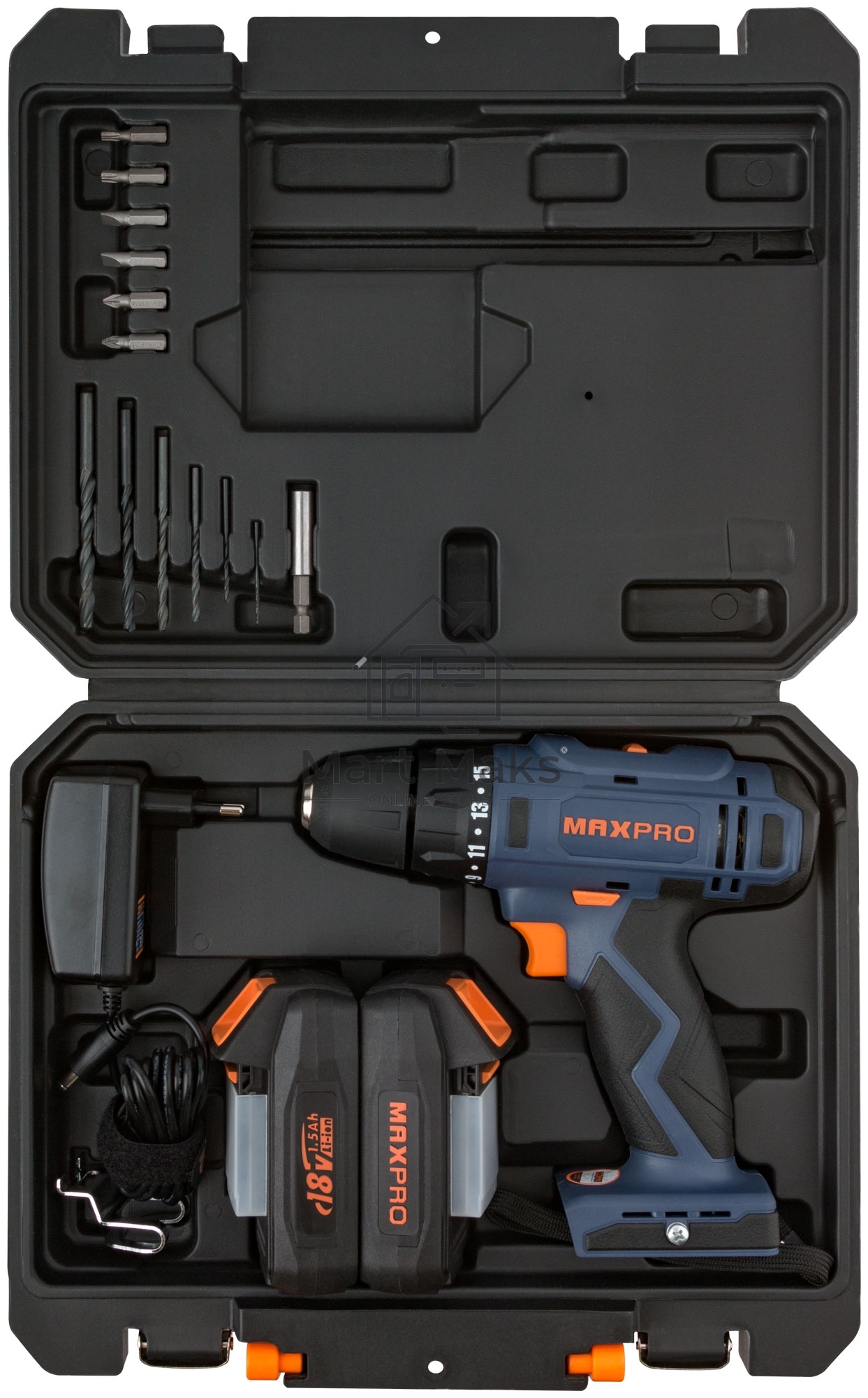 Дрель-шуруповерт MAX-PRO 85030, Аккумуляторная, 18В, 2 АКБ, Кейс