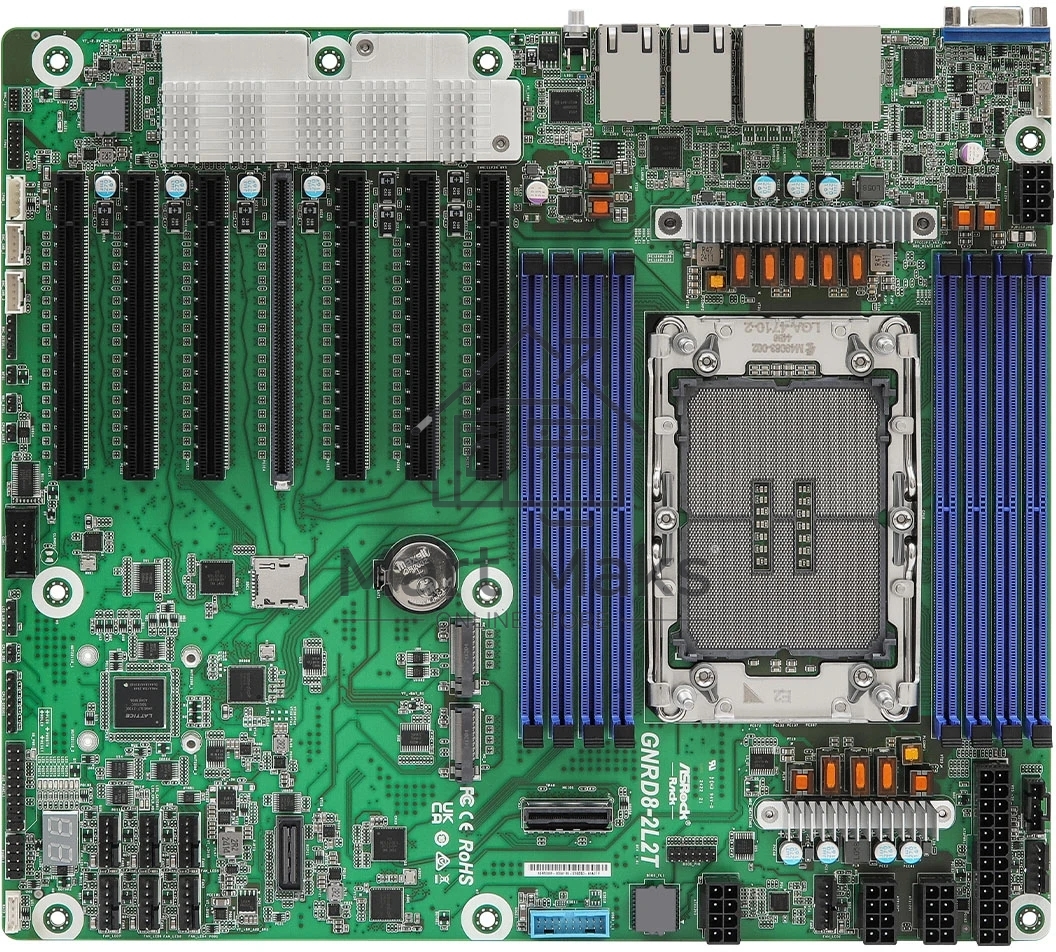 Серверная материнская плата ASRock GNRD8-2L2T, 1xE2 (LGA 4710), встроен в процессор, 8xDDR5, 0xSATA, 2xM.2, 7xPCIe 5.0 x16, 1xVGA, 2x1Gb LAN, 2x10Gb LAN, IPMI, 2xUSB-A 5Gbps, SSI CEB