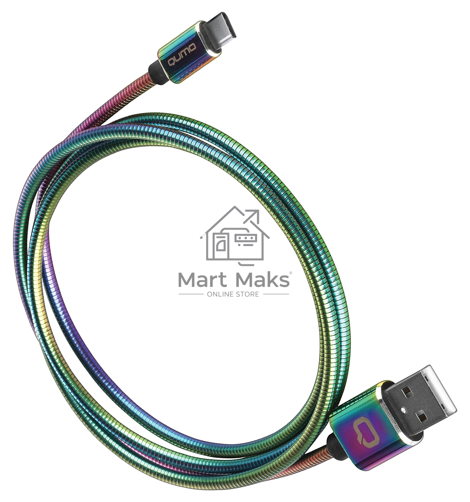 Кабель Qumo, USB 2.0-Type C, 1м, 5/9/12В, 5A, 22.5Вт (Huawei FCP и SCP), опл. металл. пружинка, кон. металл, rainbow