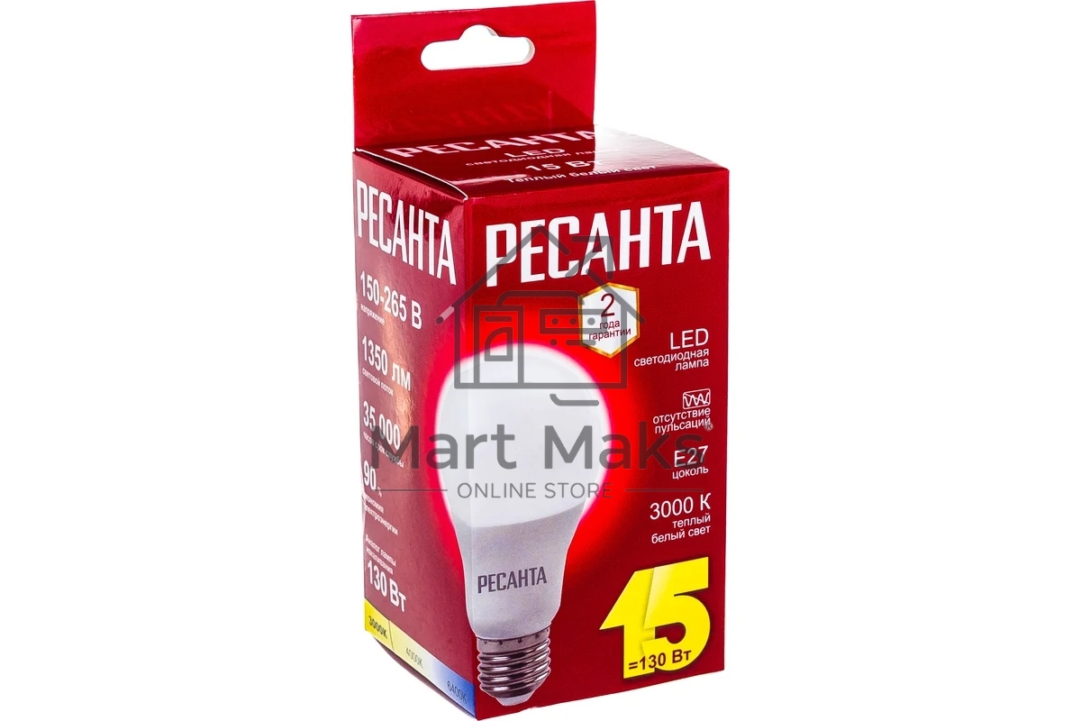 Лампа светодиодная Ресанта LL-R-A65-15W-230-3K-E27 груша, 15 Вт, тепл., Е27