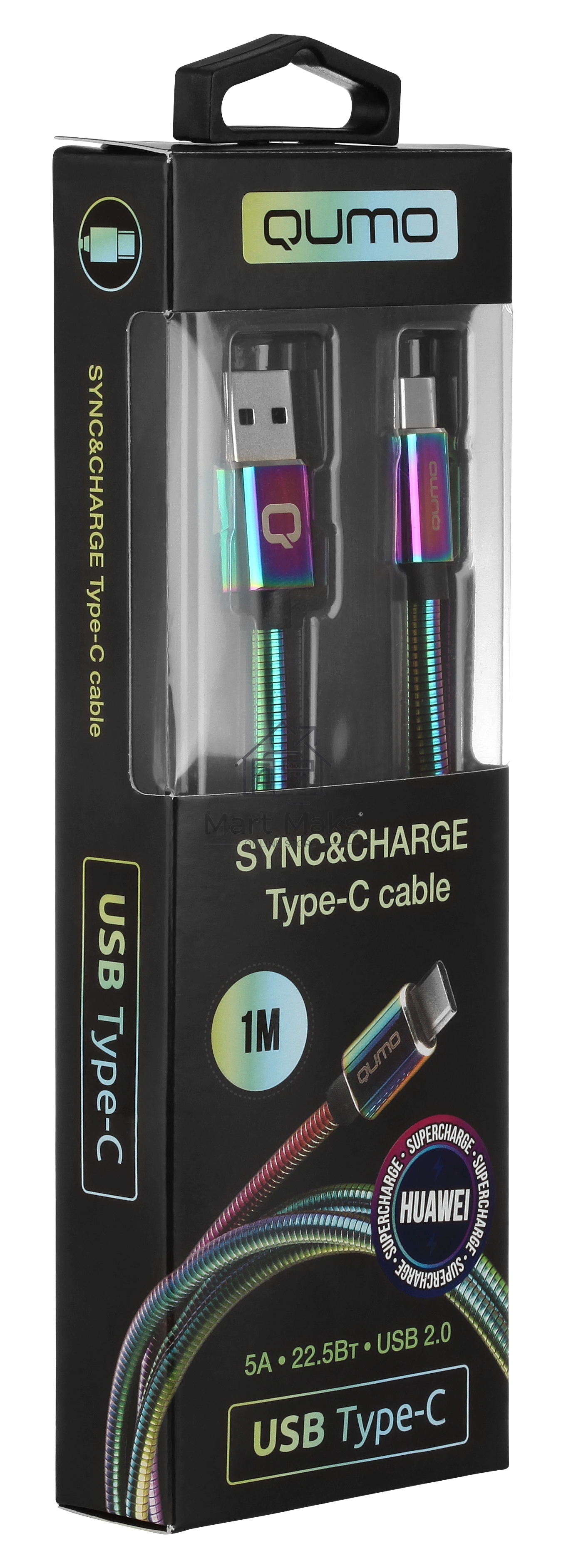 Кабель Qumo, USB 2.0-Type C, 1м, 5/9/12В, 5A, 22.5Вт (Huawei FCP и SCP), опл. металл. пружинка, кон. металл, rainbow