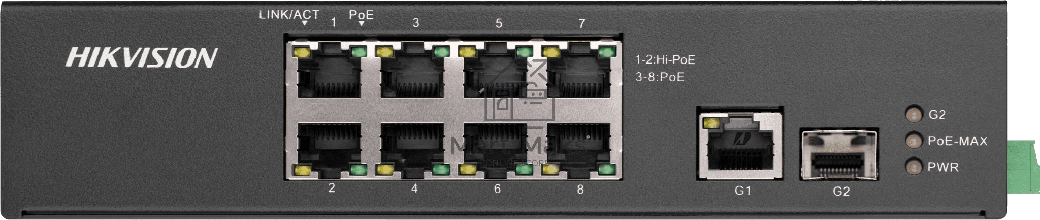 Коммутатор Hikvision DS-3T0310HP-E/HS, 6×100 Мбит/с PoE+ + 2×100 Мбит/с Hi-PoE + 1×1 Гбит/с + 1×1 Гбит/с SFP, неуправляемый