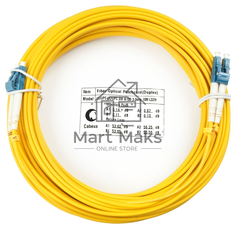 Патч-корд оптический Cabeus Tight Buffer, Duplex LC/LC, OS2 9/125, LSZH, 25м, Ø 3мм, синий хвостовик, жёлтый