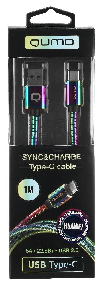 Кабель Qumo, USB 2.0-Type C, 1м, 5/9/12В, 5A, 22.5Вт (Huawei FCP и SCP), опл. металл. пружинка, кон. металл, rainbow
