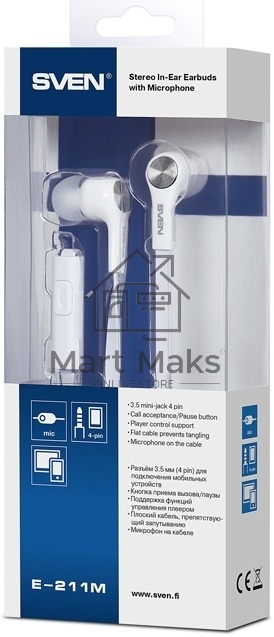Наушники внутриканальные с микрофоном SVEN E-211M белый