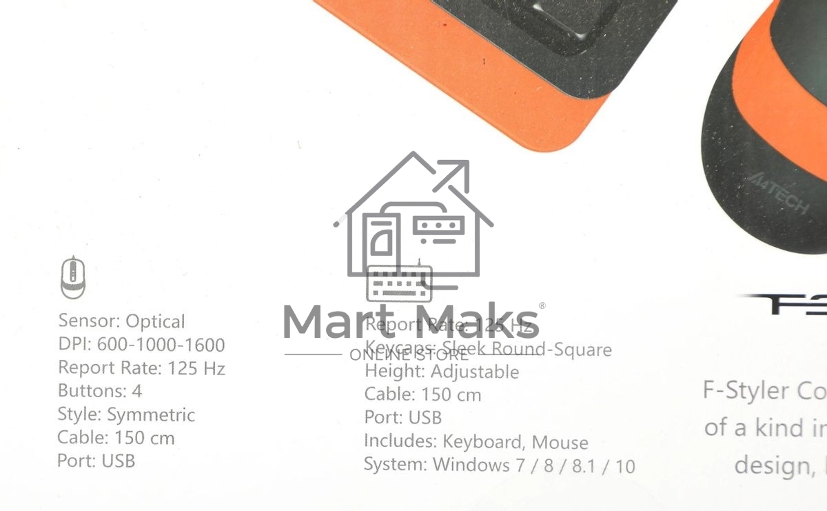 Комплект клавиатура+мышь A4Tech FStyler F1010 проводной, USB, 1600 DPI, чёрный/оранжевый