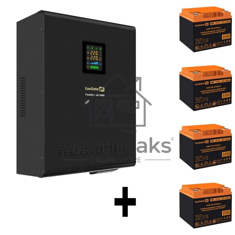 Комплект ИБП EX296003RUS + батарея 45Aч EX285666RUS 4шт (инвертор, синус, для котла, настенный) ExeGate FineSine SX-3000.LCD.AVR.2SH.T <3000VA/2100W, чистая синусоида, цветной LCD-дисплей, AVR, 2*Schuko+клеммы, линейно-интерактивный, крепление настенное, 