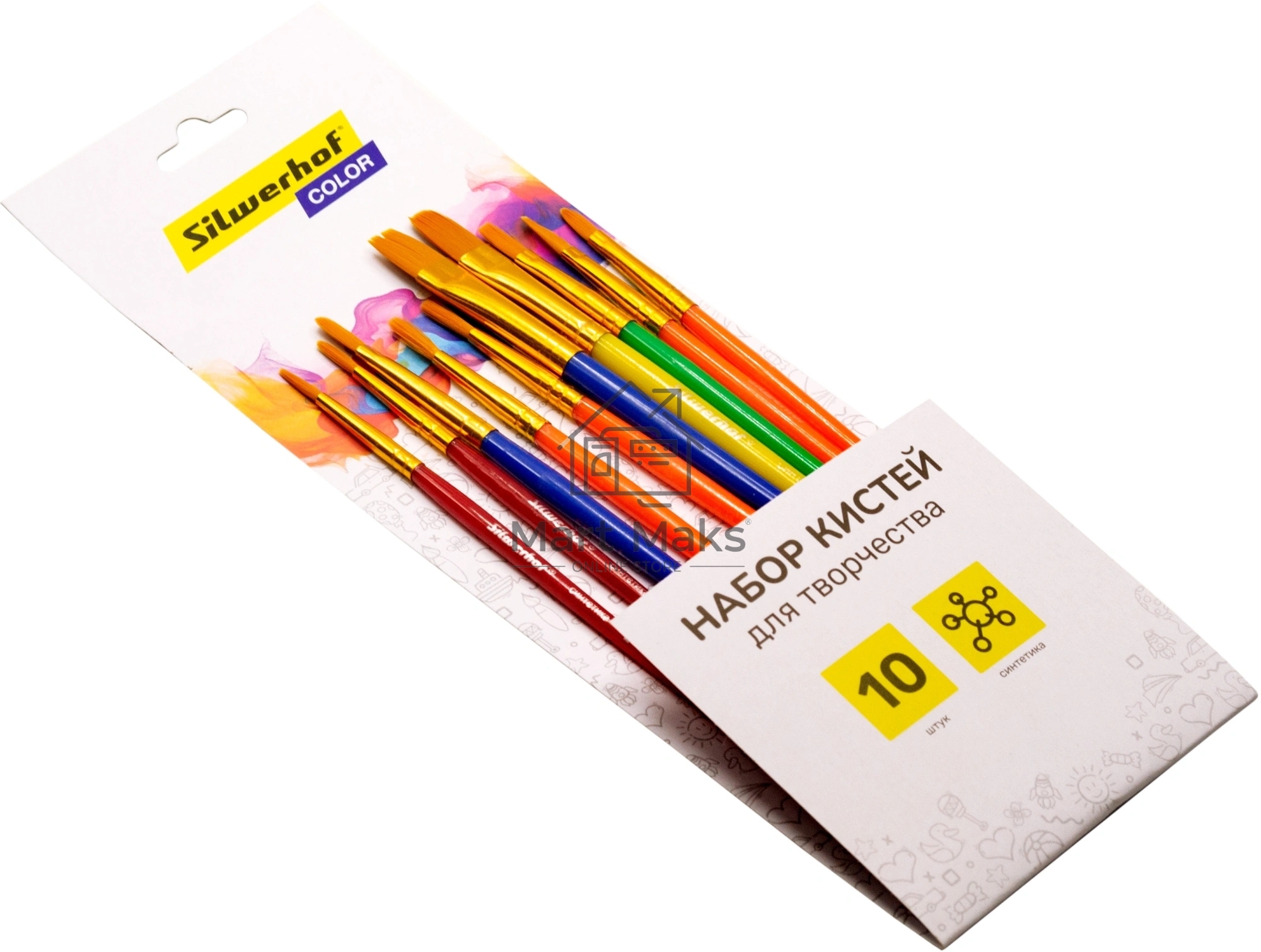Набор кистей Silwerhof Color (набор 10шт) синтетика круглая №2,3 / плоская №3,6,7,12 / овальная №3,10