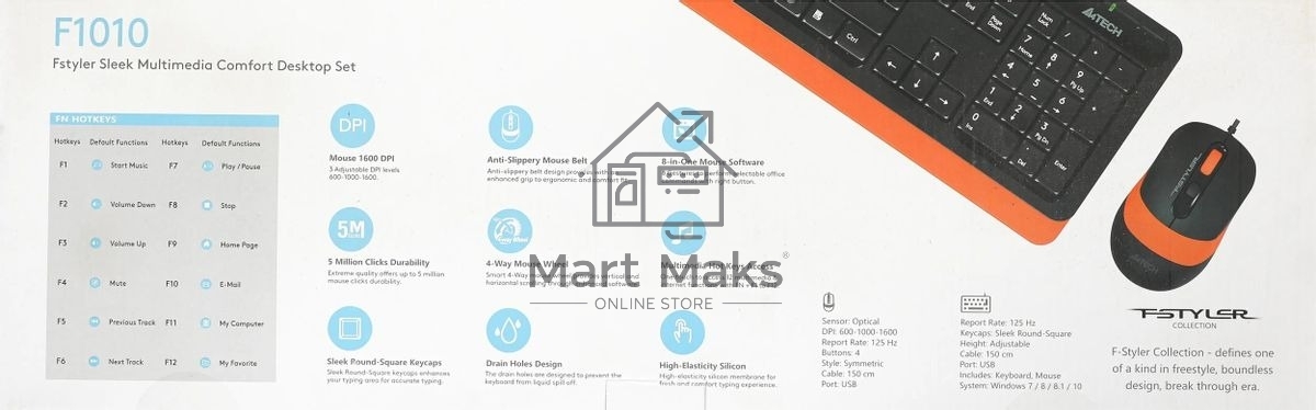 Комплект клавиатура+мышь A4Tech FStyler F1010 проводной, USB, 1600 DPI, чёрный/оранжевый