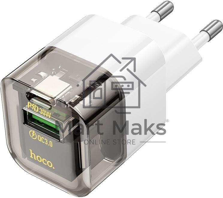 Сетевое зарядное устройство HOCO C131A Platinum 1USB+1Type-C 3.0A QC3.0 PD 30W Transparent Black