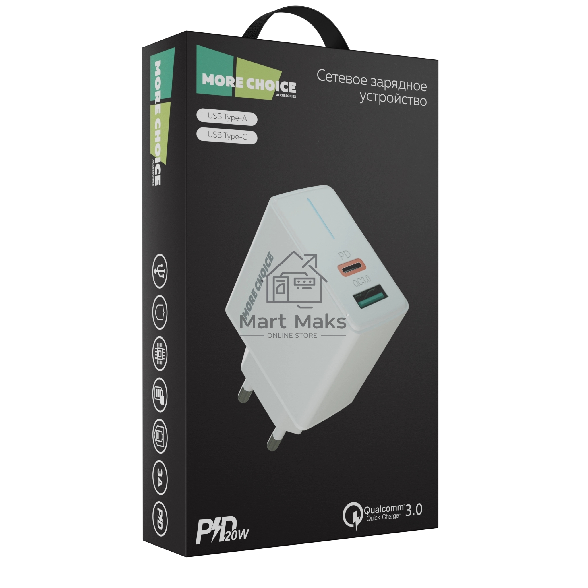Зарядное устройство MORE CHOICE (4610196408649) NC61 СЗУ 1USB+1USB-C 3.0A PD 20W+QC3.0 быстрая зарядка белый