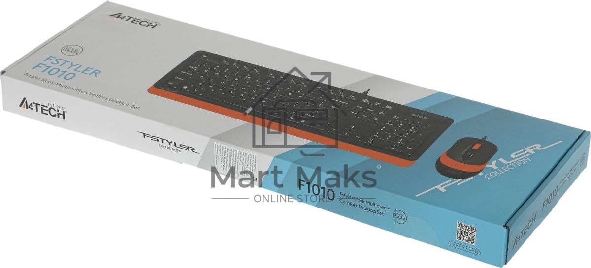 Комплект клавиатура+мышь A4Tech FStyler F1010 проводной, USB, 1600 DPI, чёрный/оранжевый