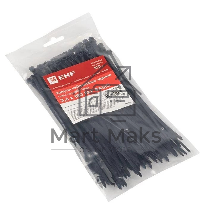 Хомут EKF Basic plc-cb-3.6x180 нейлоновый черный (3,6х180) (100 шт.)