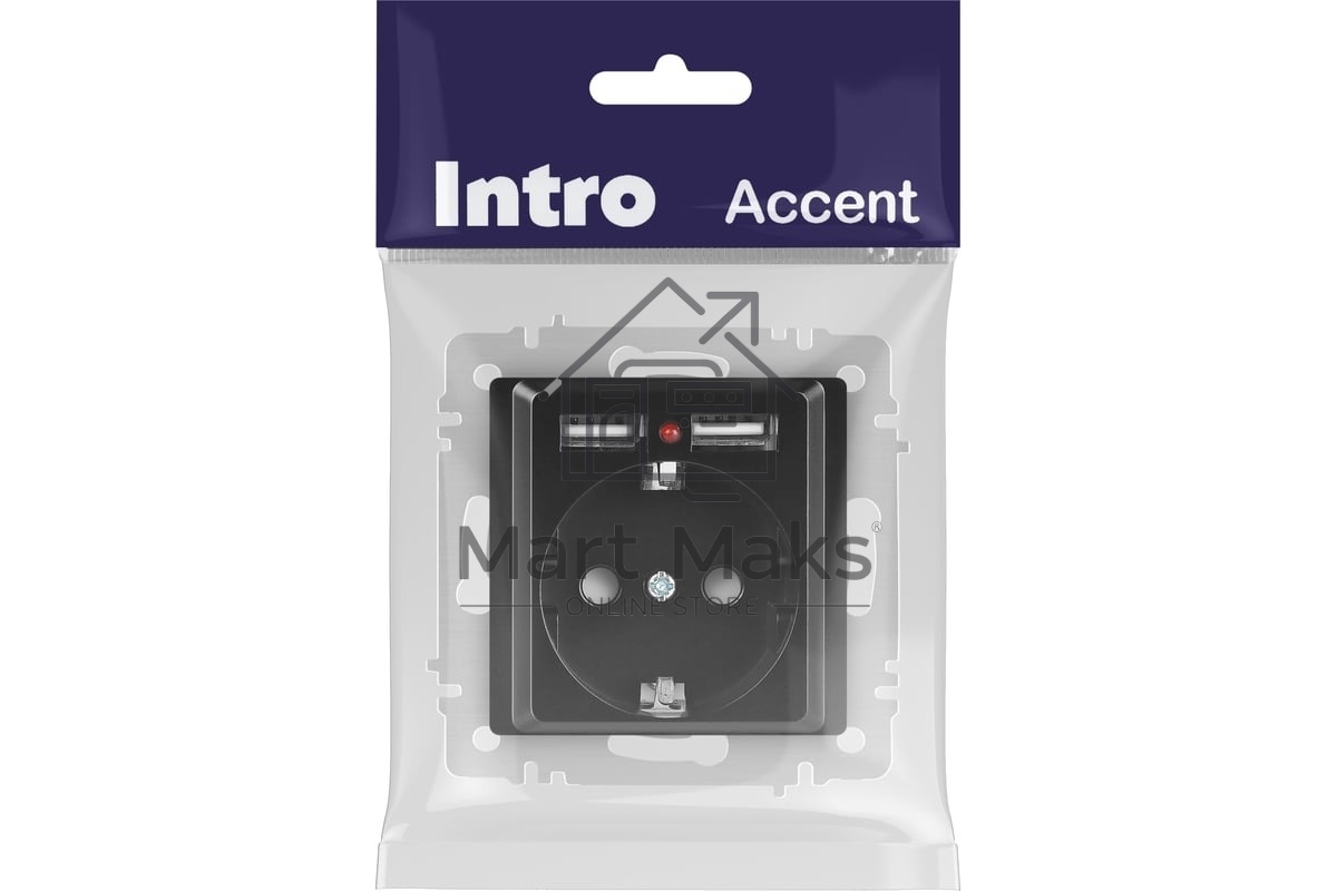 Розетка Intro Accent 6-410-05 P+E Schuko со шторками 16А-250В + 2хUSB IP20 СУ антрацит Б0063698