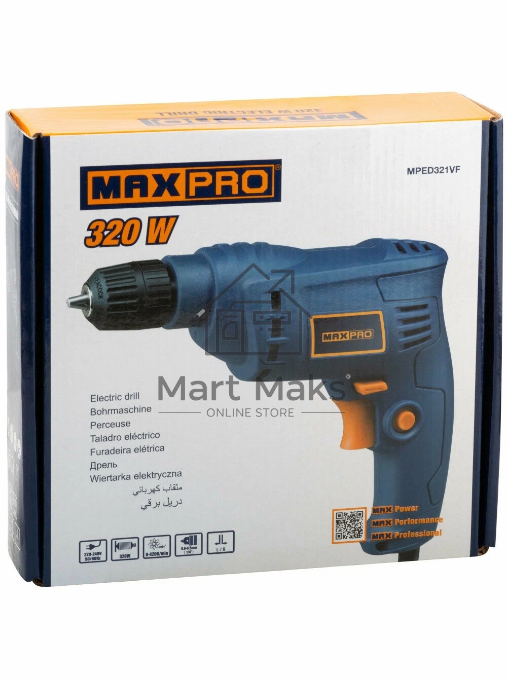 Дрель электрическая MAX-PRO 320 Вт, 0-4200об/мин, быстрозажимной патрон 0,6-6,5мм, 1 кг, резиновые вставки, кор.
