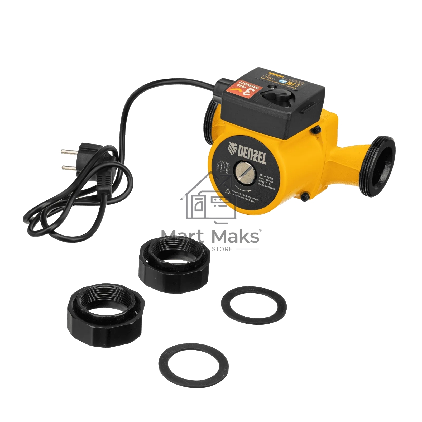 Циркуляционный насос Denzel CP32-4, напор 4 м, 50 л/мин, 1 м кабель, монт. длина 180 мм