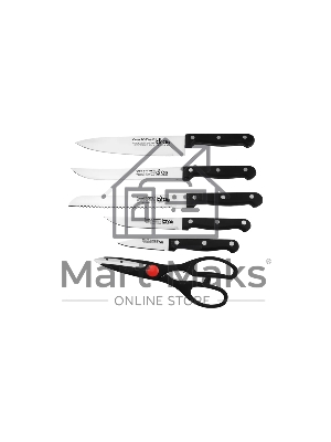 Набор ножей LARA LR05-53 7 предметов: ДЕРЕВЯННАЯ ПОДСТАВКА + 5 ножей + ножницы, нержавеющая сталь 2CR13