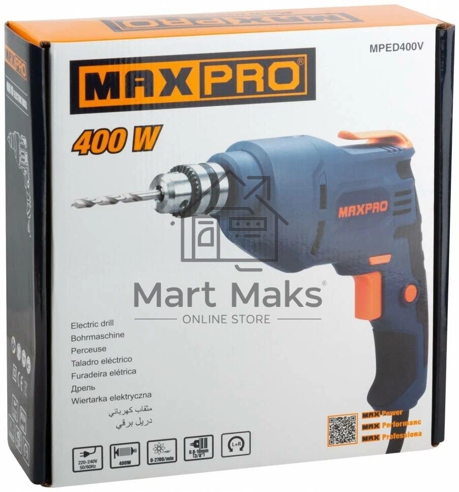Дрель электрическая MAX-PRO MPED400V 400 Вт, 0-2700об/мин, ключевой патрон 0,8-10мм, 1,2 кг, резиновые вставки, кор.