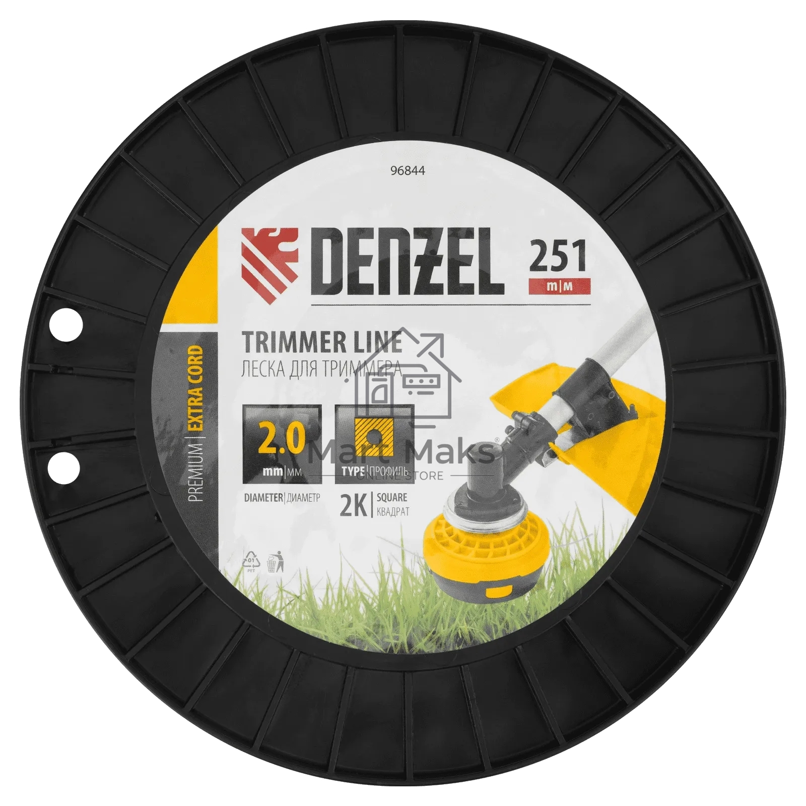 Леска для триммера Denzel двухкомпонентная, квадрат, 2,0 мм х 251 м, на DIN катушке EXTRA CORD