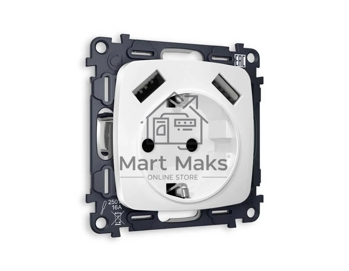 Комплект механизма электрической розетки OMEGA Белый матовый 2USB A+A 18W (быстрая зарядка) с/з QUANT (OP1290, VM155) MO129010