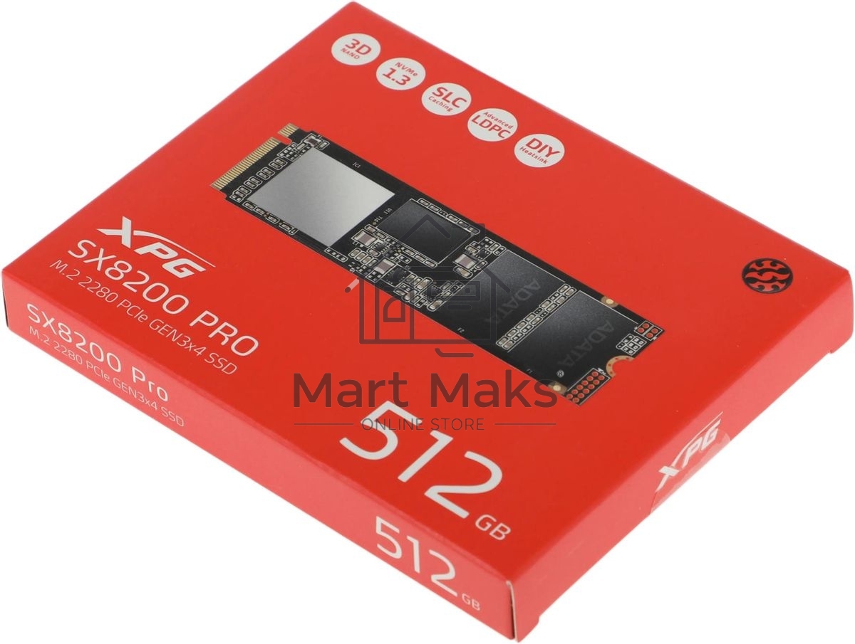 Накопитель SSD XPG SX8200 Pro, 512 ГБ, PCIe 3.0 x4, M.2 2280, NVMe, R/W 3350/2350, с радиатором