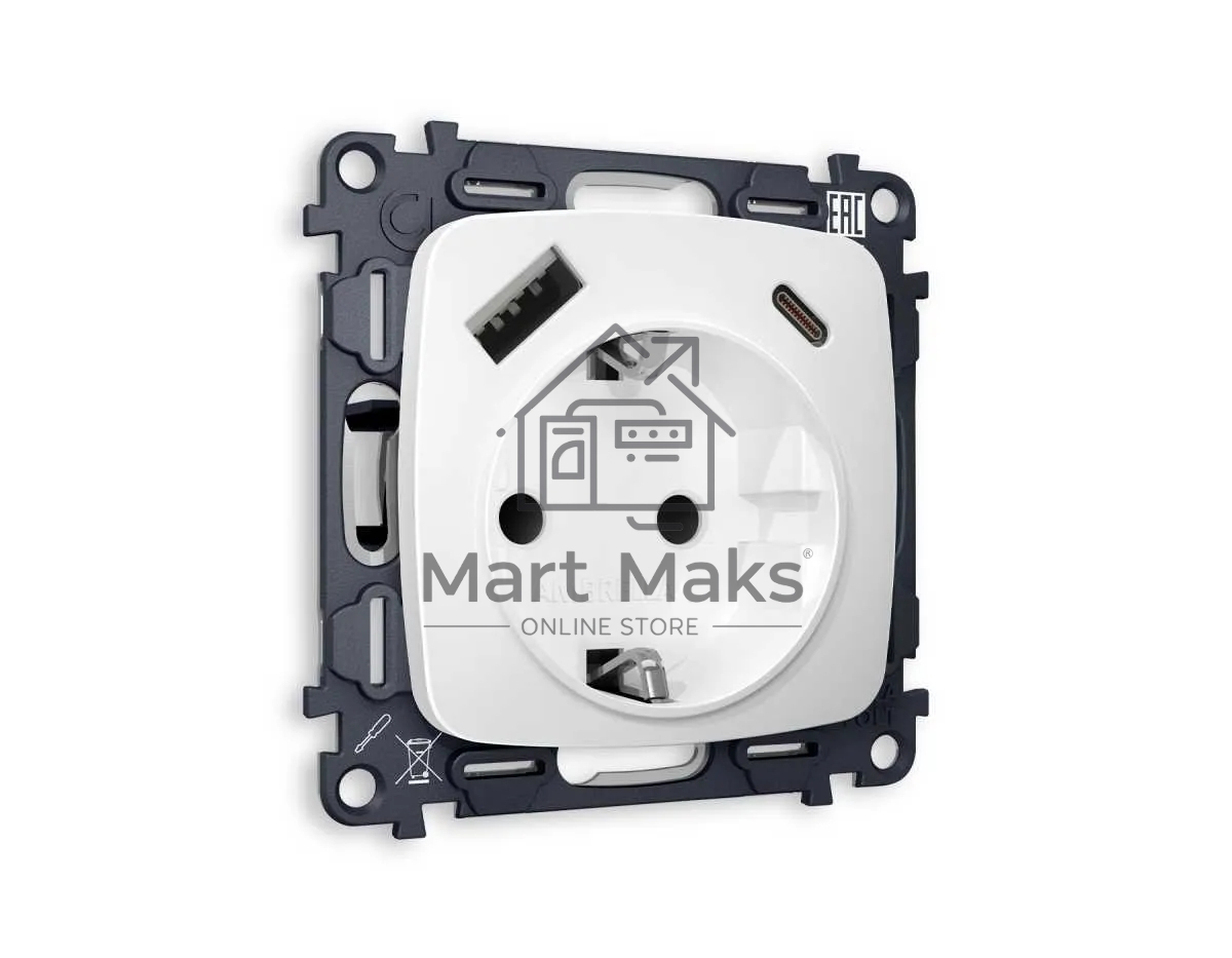 Комплект механизма электрической розетки OMEGA Белый матовый 2USB A+C 20W (быстрая зарядка) с/з QUANT (OP1300, VM160) MO130010