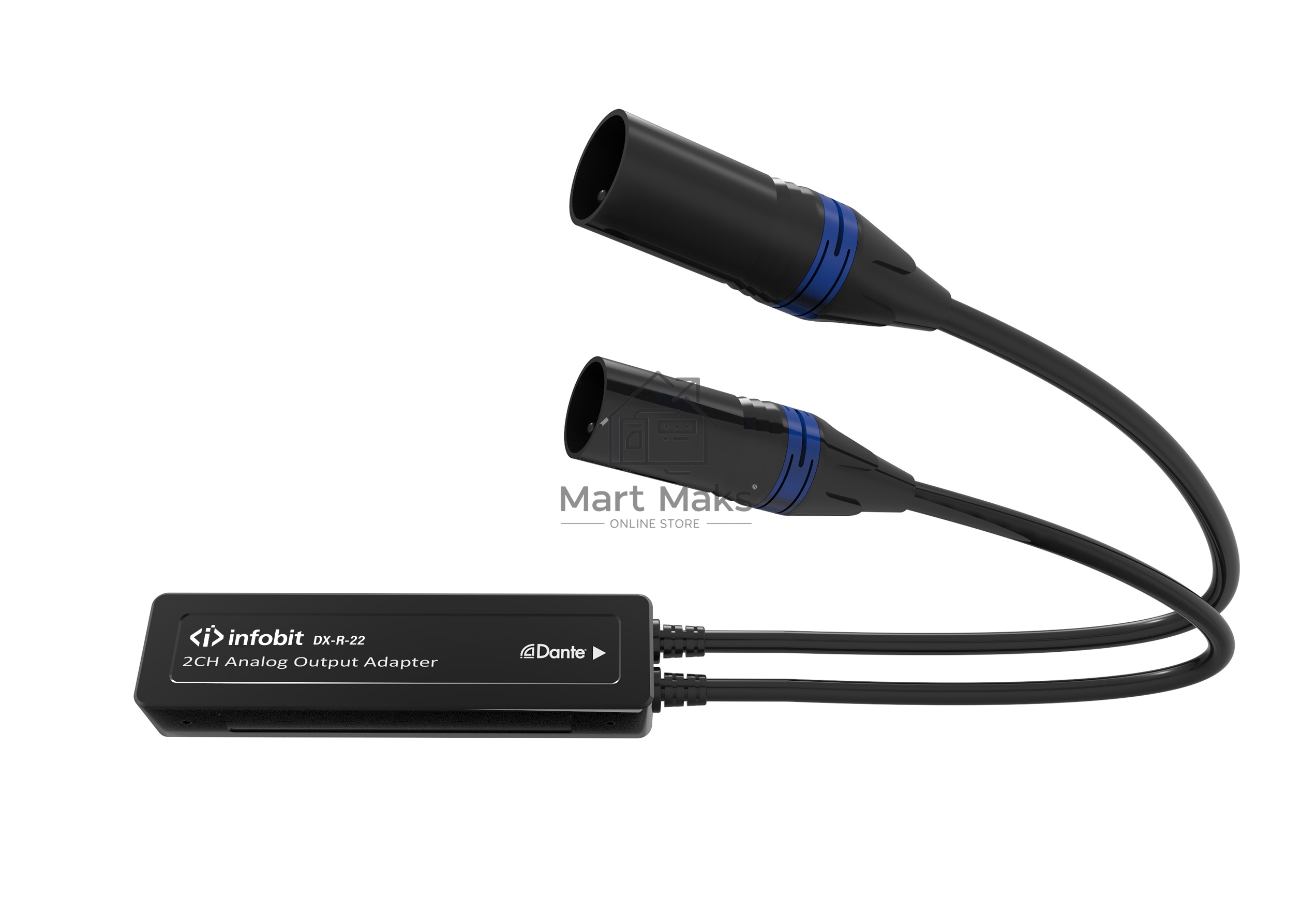 Конвертер Dante Infobit  iTrans DX-R-22  Аналоговый Аудио Декодер (Rx) с PoE: 1xRJ45(Dante); 2хXLR(M) (2 канала OUT). 44.1, 48, 96 kHz (24 bit). ПО Dante Controller. 125мм Ш  x 33мм Г  x 28мм В