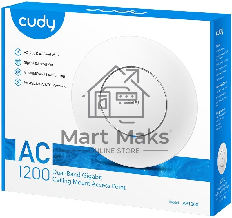 Точка доступа CUDY AC1200 Dual Band Gigabit Ceiling Mount Access Point, MT7621DAN+MT7613B+MT7603E, 867Mbps at 5GHz + 300Mbps at 2.4GHz, 1 x GbE RJ45 Port, Support 12V DC or 802.3af PoE or Passive PoE, Internal Antennas, 48V passive PoE adapter included, C