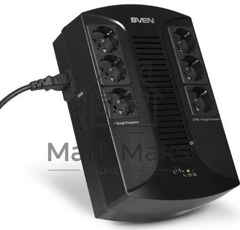 Источник бесперебойного питания SVEN UP-L1000E 1000VA/500W (6 розеток: 3х UPS/сетевой фильтр+3 x сетевой фильтр)