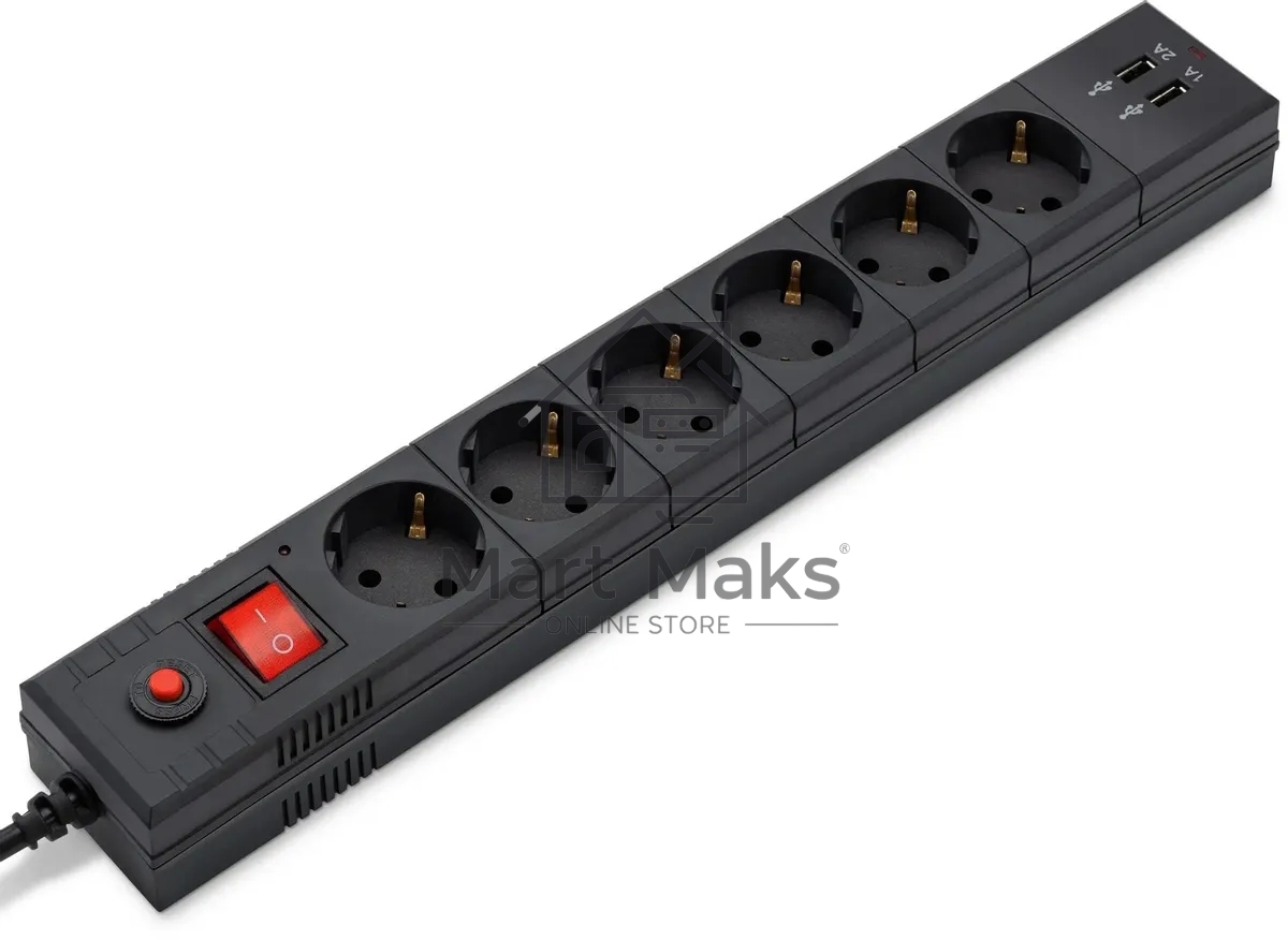 Удлинитель с сетевым фильтром 6х1.8м с заземл. 10А IP20 BU-SP1.8_USB_2A CCA 3х0.75 2USB черный BURO 992310