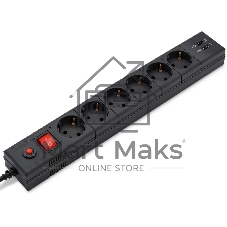 Удлинитель с сетевым фильтром 6х1.8 м с заземл. 10А IP20 BU-SP1.8 USB 2A CCA 3х0.75 2USB черный BURO 992310