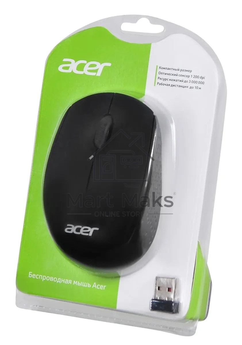 Мышь беспроводная Acer OMR020 черный, 1200 dpi, радиоканал, USB, кнопки - 3