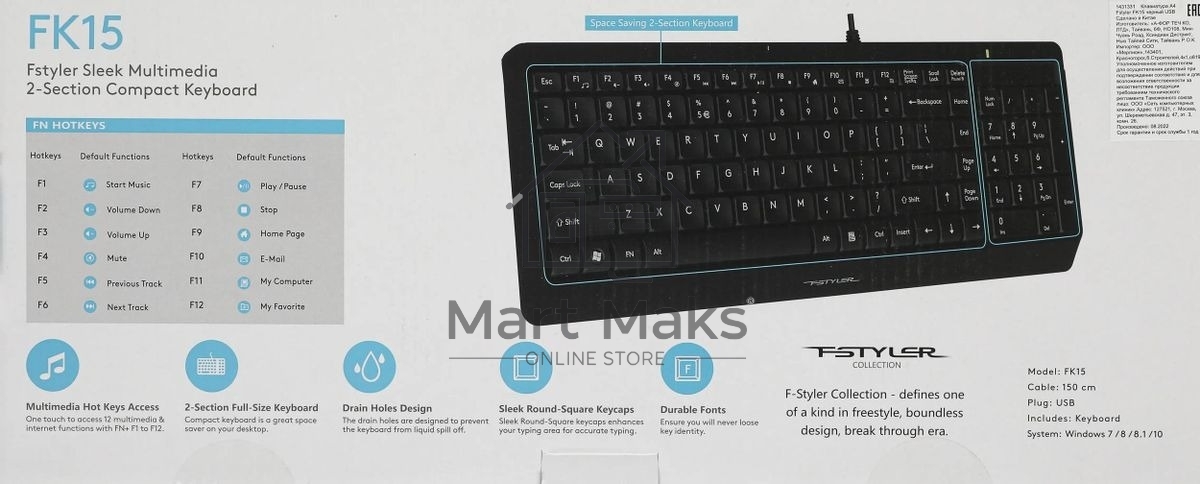 Клавиатура проводная A4Tech Fstyler FK15, USB, черный