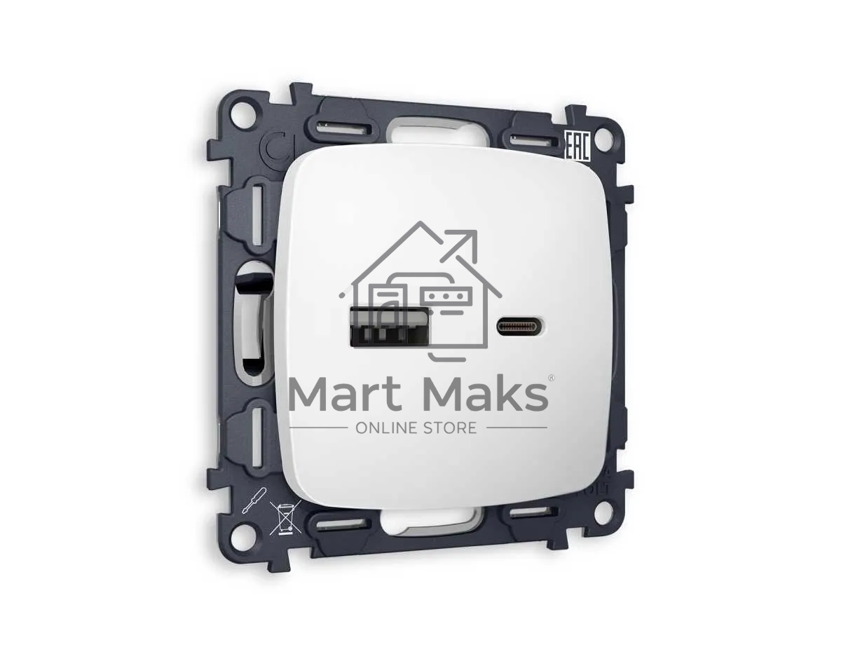 Комплект механизма розетки OMEGA Белый матовый 2USB A+C 20W (быстрая зарядка) QUANT (OP1310, VM177) MO131010