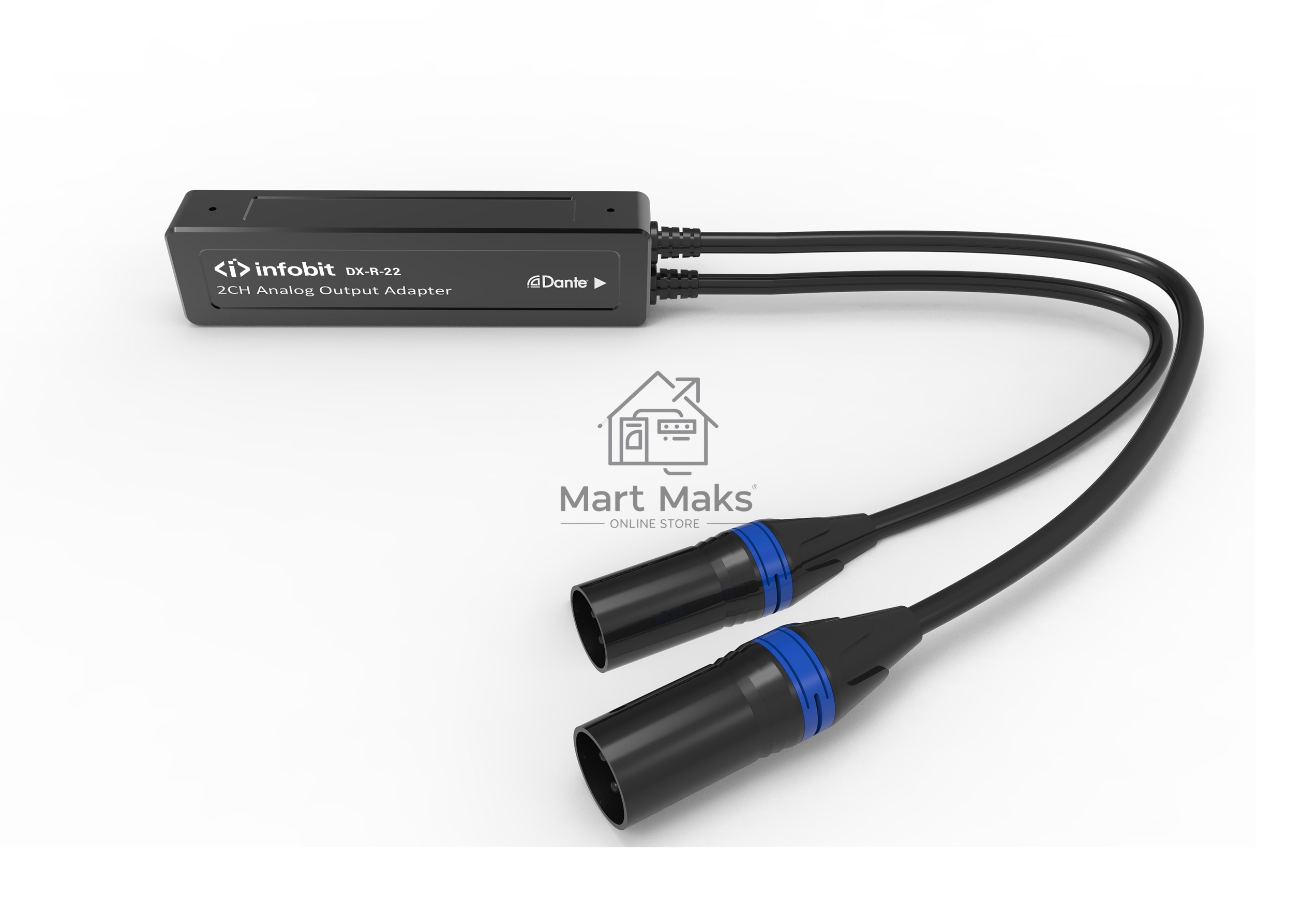 Конвертер Dante Infobit  iTrans DX-R-22  Аналоговый Аудио Декодер (Rx) с PoE: 1xRJ45(Dante); 2хXLR(M) (2 канала OUT). 44.1, 48, 96 kHz (24 bit). ПО Dante Controller. 125мм Ш  x 33мм Г  x 28мм В