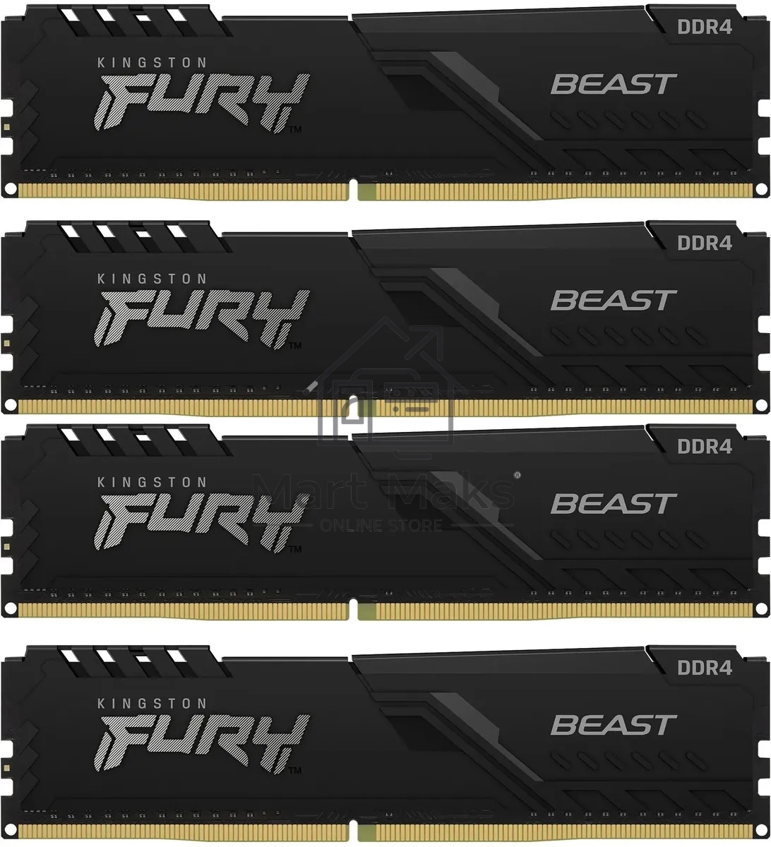 Оперативная память Kingston Fury Beast, DDR4, 128GB (4x32 GB), 3600 MHz, CL18, DIMM, с радиатором, черный