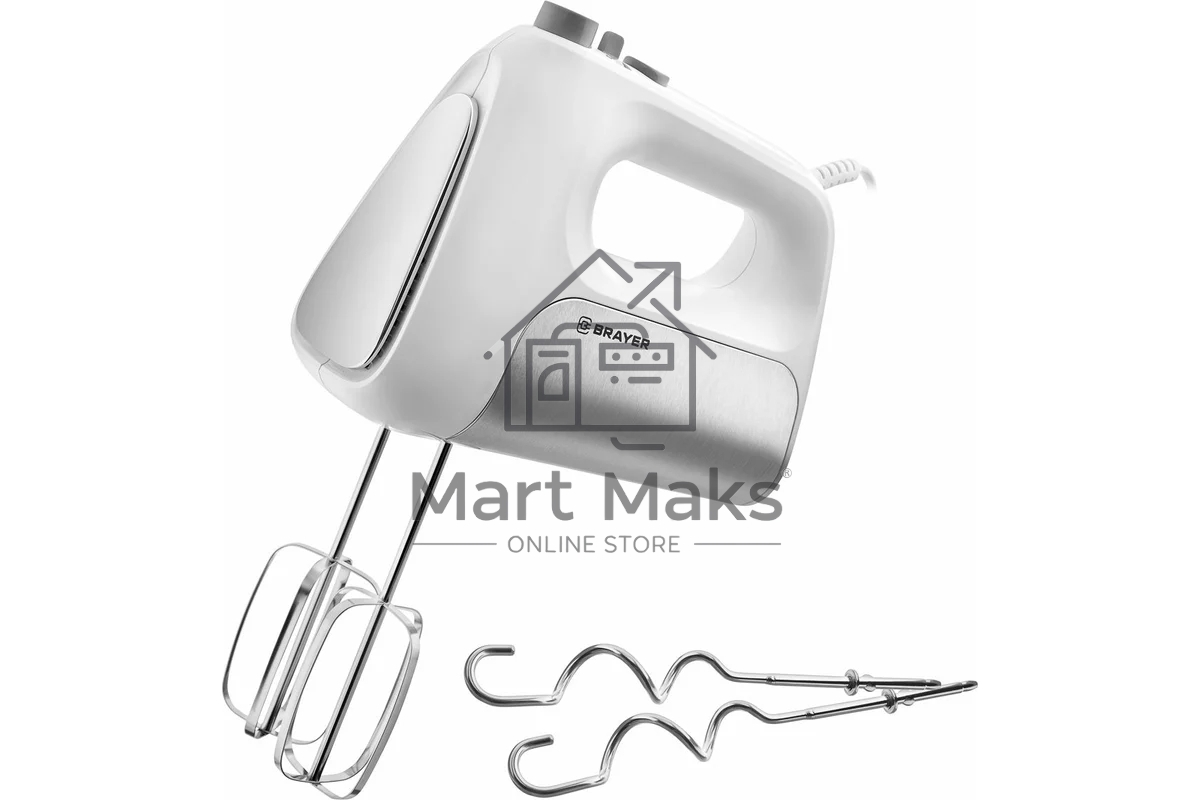 Миксер BRAYER BR1303, 500  Вт, корп.из нерж.стали, 5 режимов, 2 крюка, 2 венчика