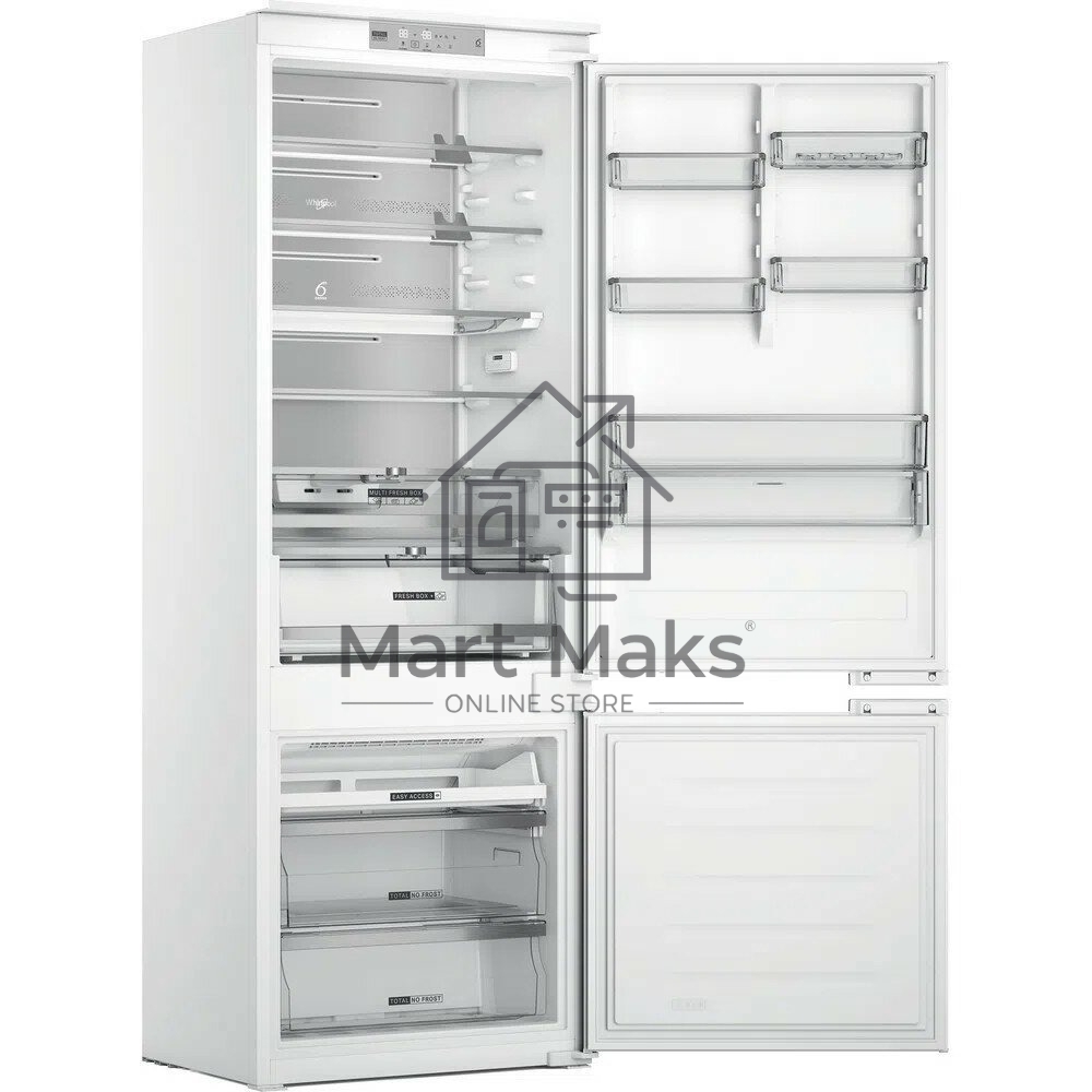 Холодильник встраиваемый Whirlpool WHSP70T241P 70 см, 193.5х54.3х69 см, 295/95 л, инверторный компрессор, автоматическая разморозка, зона свежести влажная, сенсорное управление, технология 6 SMYSL FreshControl, MultiFlow, FreezeControl, перенавешиваемые д