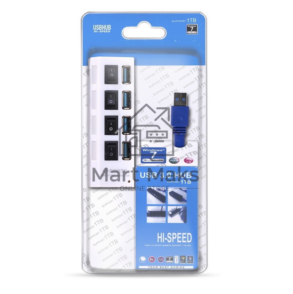 USB-хаб Smartbuy (SBHA-7304-W) USB 3.0 хаб + выкл., 4 порта, белый
