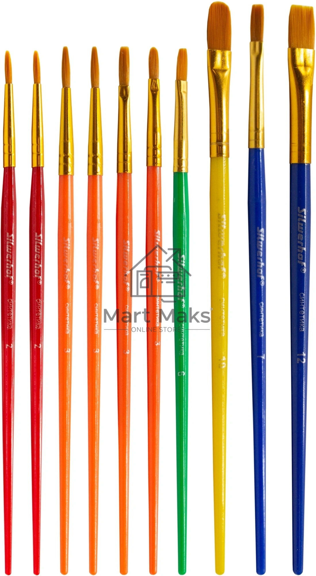 Набор кистей Silwerhof Color (набор 10шт) синтетика круглая №2,3 / плоская №3,6,7,12 / овальная №3,10