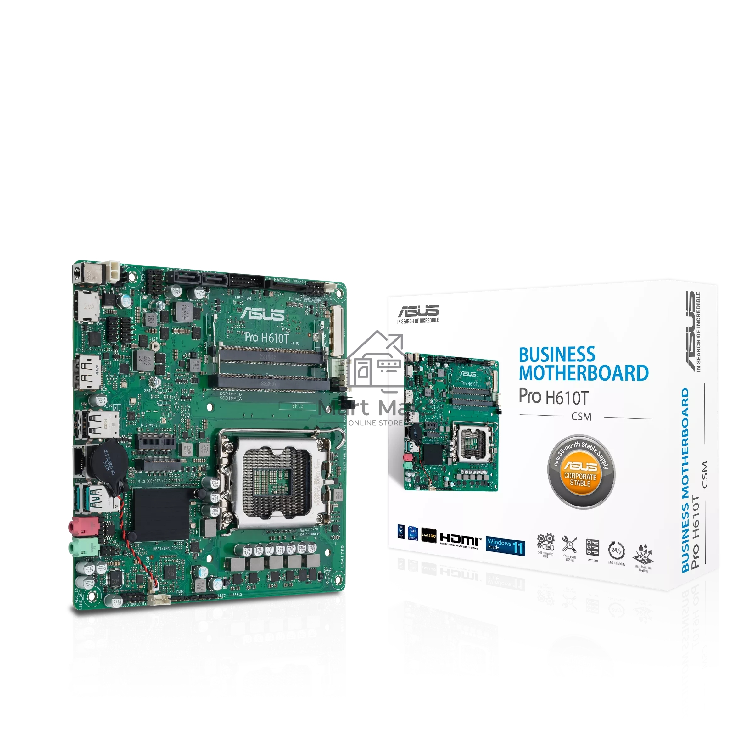 Материнская плата ASUS Pro H610T-CSM, LGA 1700, Intel H610, 2xDDR5, 2xSATA, 1xM.2, 1xPCIe x1, 1xHDMI, 1xDP, 1x 1Gb LAN, 2xUSB-A 2.0, 2xUSB-A 3.2 Gen 2, 2x3.5 мм, 7.1, Thin Mini-ITX