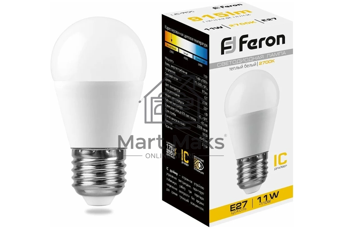 Лампа светодиодная FERON LB-750 (25949) 11W 230V E27 2700K G45