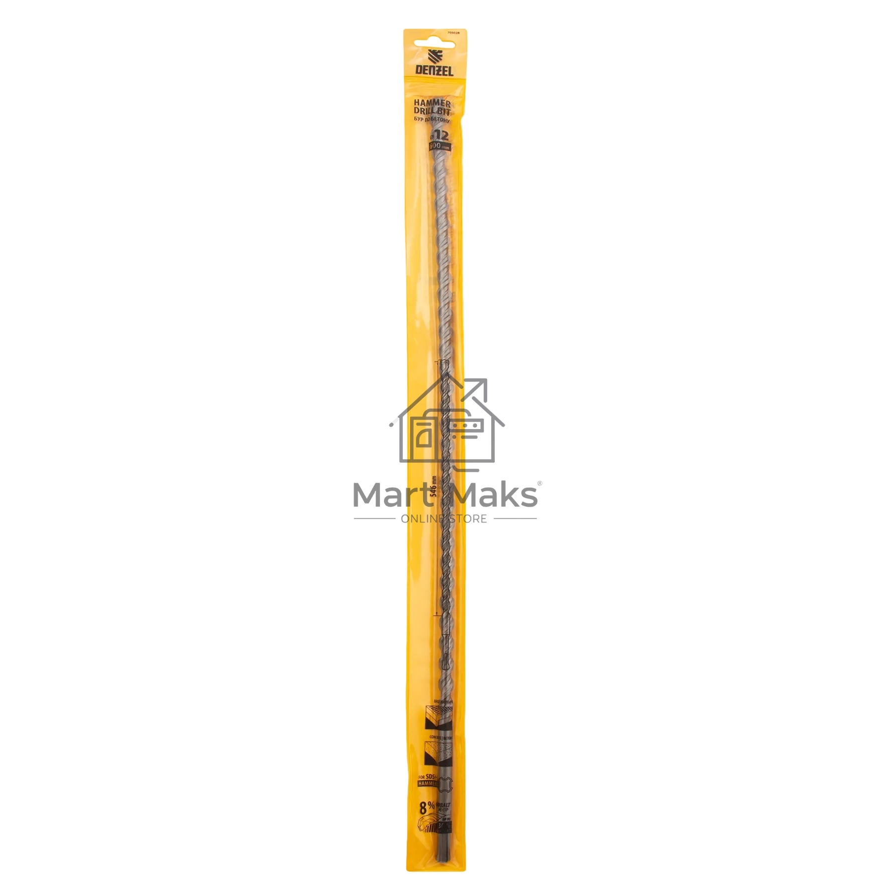 Бур по бетону Denzel двойная спираль, Cobalt W-tip, 12x600 мм, SDS PLUS