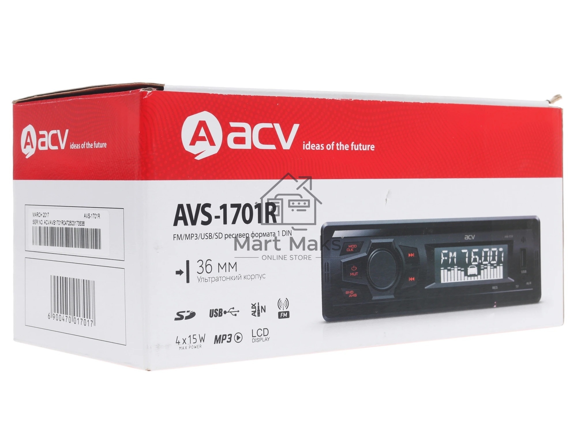 Автомагнитола ACV AVS-1701R 1DIN 4x15Вт