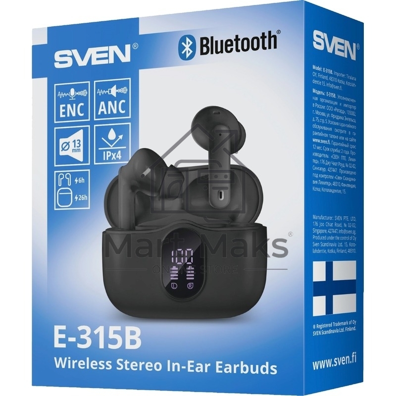 Беспроводные внутриканальные наушники с микрофоном Sven E-315B, черный (Bluetooth, TWS, ANC, ENC, APP)