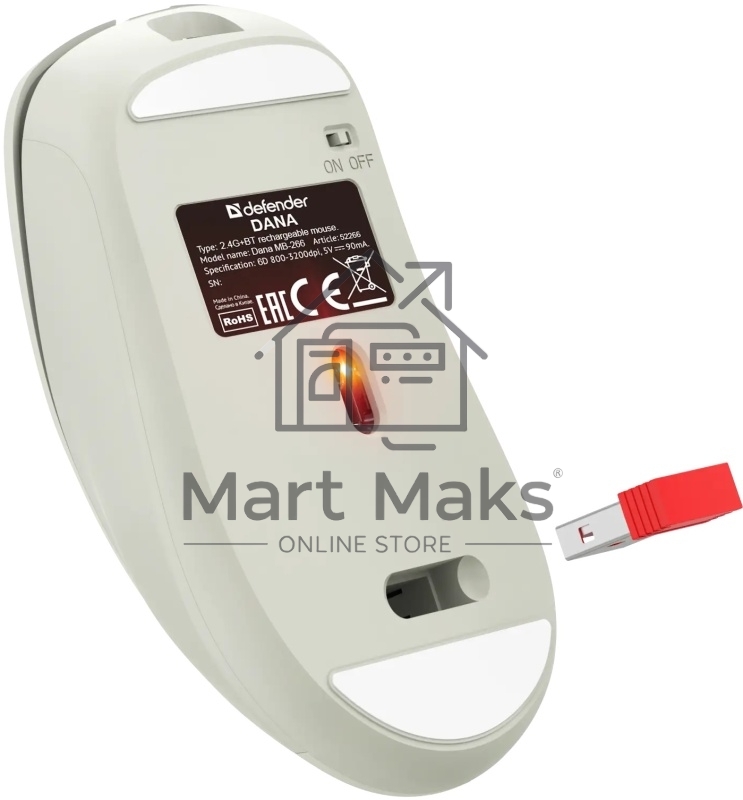 Мышь беспроводная Defender Dana MB-266 светло-серый, 3200 dpi, радиоканал, Bluetooth, USB, кнопки - 6