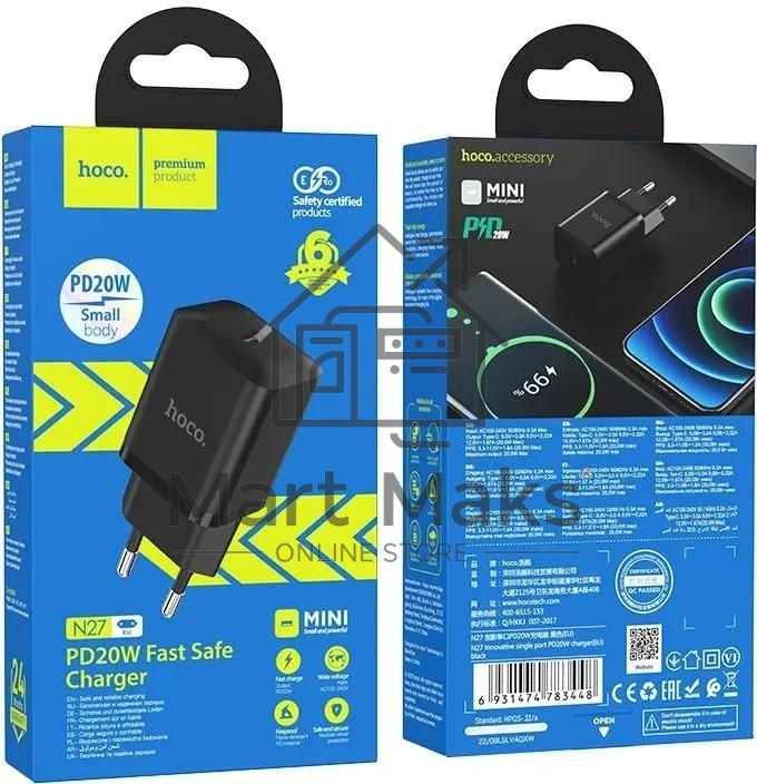 Сетевое зарядное устройство Hoco N27 Black 20W 3A+2.22A+1.67A (PD+QC+AFC) USB-C универсальное черный
