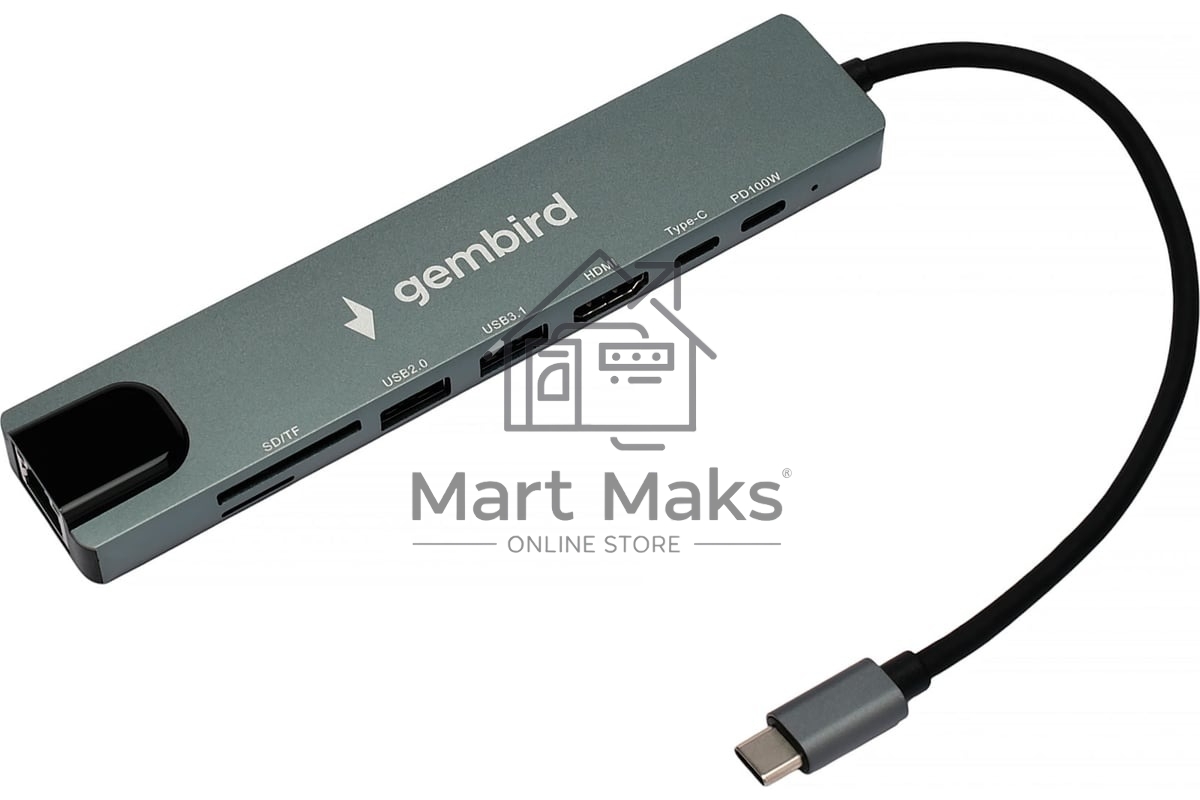 Док-станция Gembird UHB-D3, USB Type-C, USB 2.0, USB 3.1, USB Type-C PD87W, USB Type-C, HDMI, SD/TF, RJ45, USB Type-C