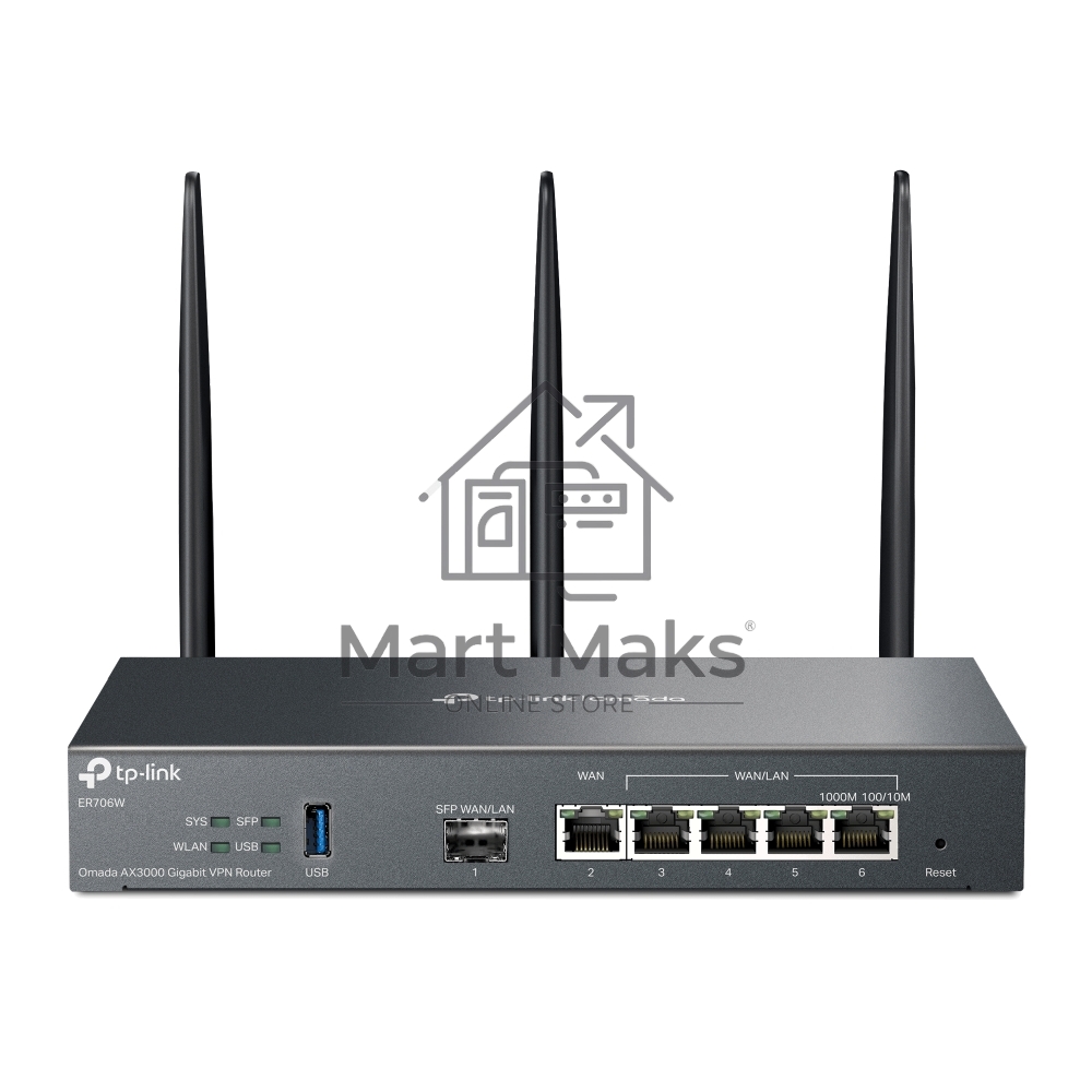 VPN-маршрутизатор TP-Link ER706W Omada с гигабитными портами и поддержкой Wi-Fi AX3000, 1 гиг. SFP WAN/LAN, 1 гиг. RJ45 WAN, 4 гиг. RJ45 WAN/LAN, USB 3.0, до 574 М/с на 2,4 ГГц + до 2402 М/с