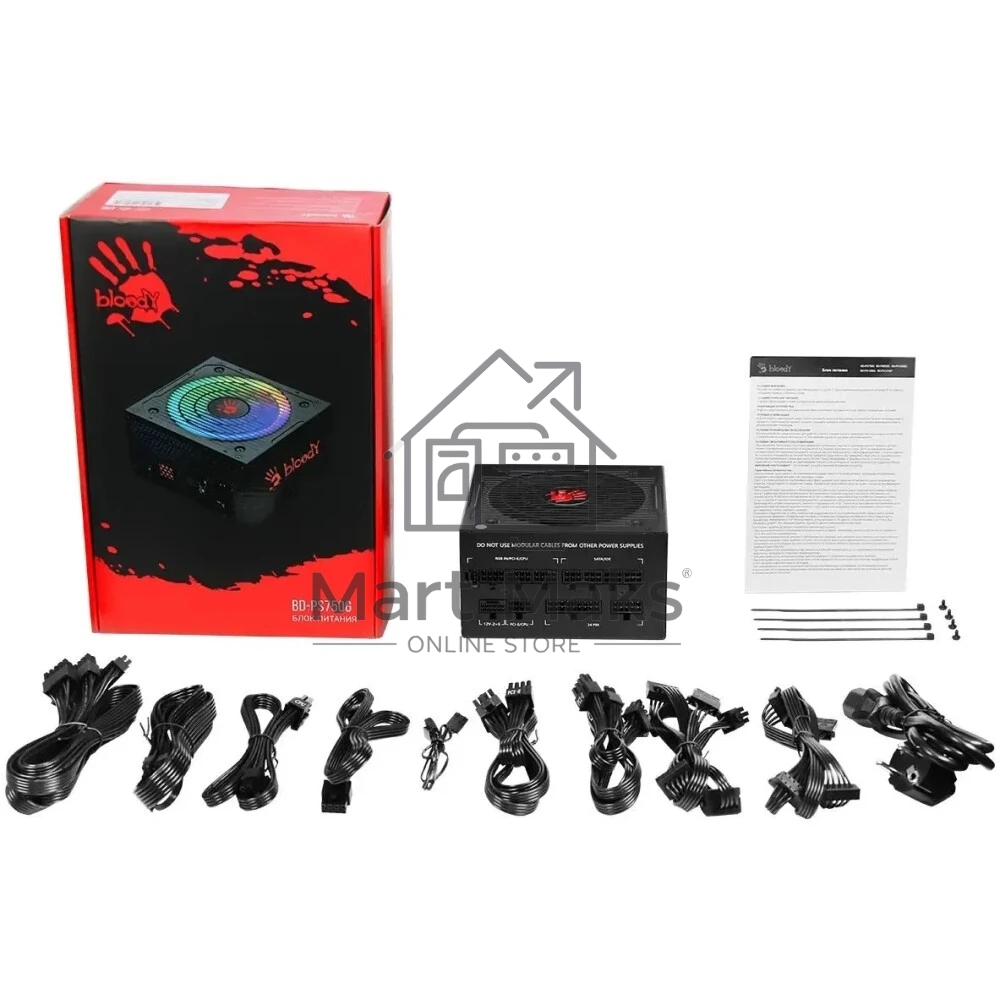 Блок питания Bloody BD-PS750G, 750Вт, 80 PLUS Gold, 120мм, модульный, черный